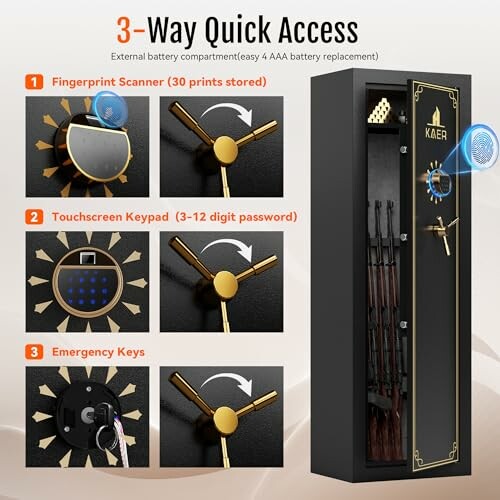 3-way quick access gun safe with fingerprint scanner, touchscreen keypad, and emergency keys.
