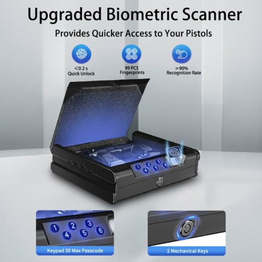 Gun safe with numeric, key, and fingerprint access options.