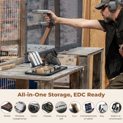 Man using gun at range with EDC storage organizer for personal items.