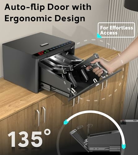 Pistol safe with auto-flip door and ergonomic design for easy access.