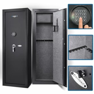 Barska biometric gun safe with digital keypad and storage features.