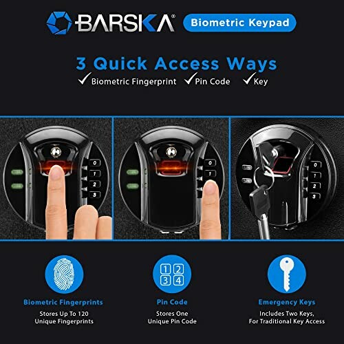 Barska safe with biometric fingerprint, pin code, and key access