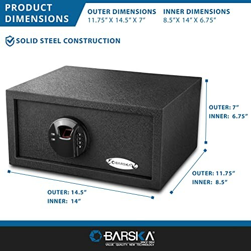 Barska biometric safe with product dimensions and solid steel construction.