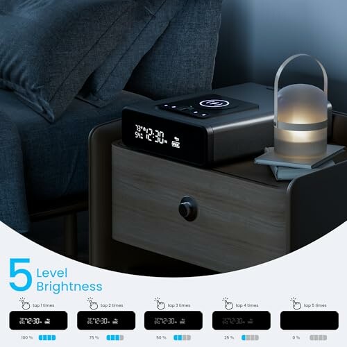 Bedside alarm clock with adjustable brightness and a lamp on a nightstand.