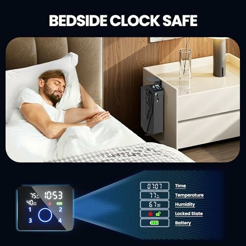 Person sleeping next to a bedside clock safe with digital display showing time, temperature, humidity, lock state, and battery.
