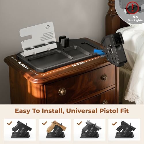 Bedside table with a universal pistol fit holster attached.