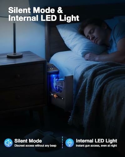 Person sleeping next to bedside safe with silent mode and LED light.