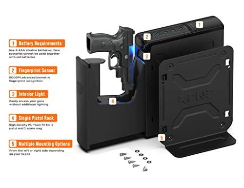 Biometric gun safe with fingerprint sensor, interior light, and mounting options.
