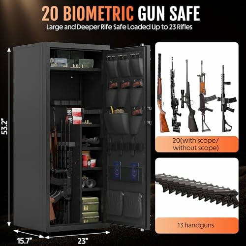 Biometric gun safe showing storage for rifles and handguns.