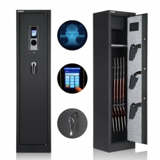 Biometric gun safe with digital keypad and rifle storage.
