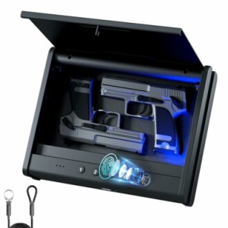 Biometric gun safe with two handguns inside.