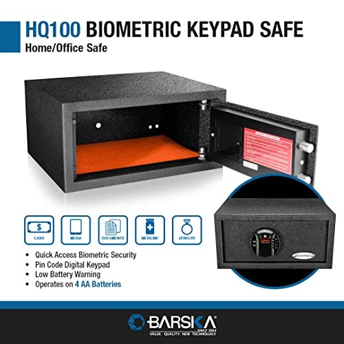 HQ100 biometric keypad safe for home or office use with features listed.