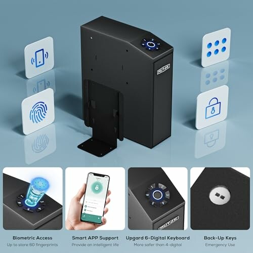 Biometric safe with app support, digital keyboard, and backup keys.