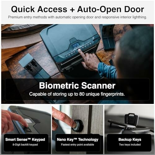 Biometric safe with quick access, auto-open door, and various entry methods.