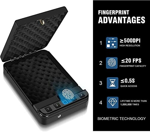 Biometric safe showcasing fingerprint advantages and technology.