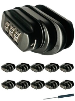 Set of black combination padlocks with a small tool.