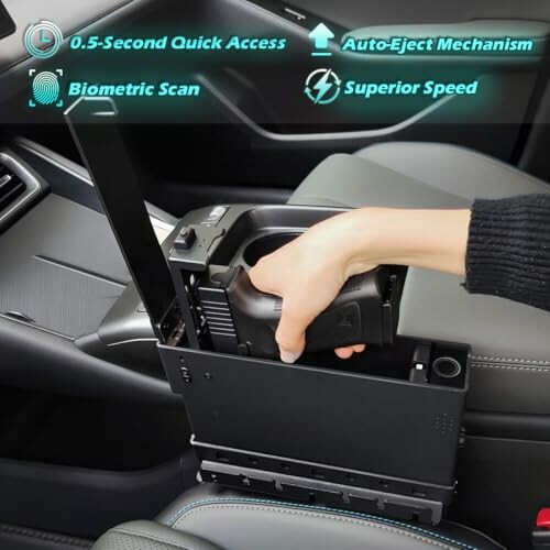 Hand accessing a biometric gun safe in a car with quick access features.