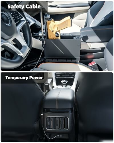 Car interior with gun safe and power setup.