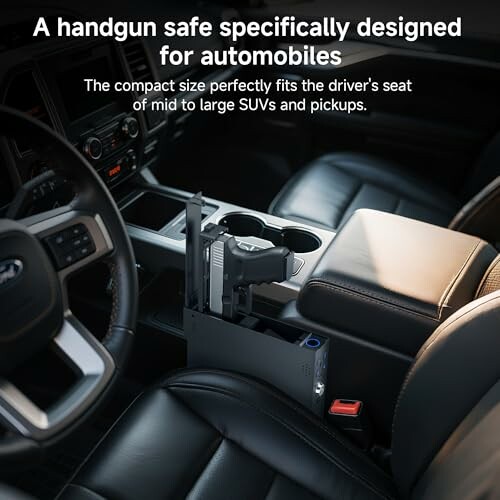 Handgun safe in car interior for SUVs and pickups.