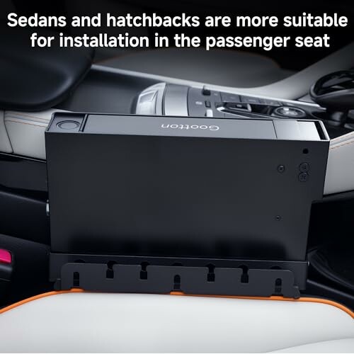 Device installed in car passenger seat with text about sedans and hatchbacks.