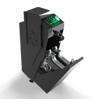 Coin dispenser machine with open compartment and control panel.