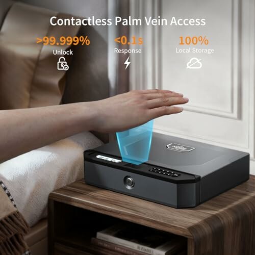 Hand using contactless palm vein access on a secure box.