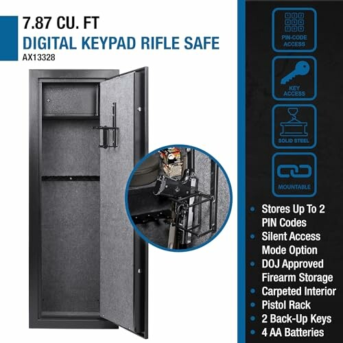 Digital keypad rifle safe with features and storage details.
