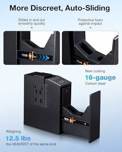 Auto-sliding gun safe with protective foam and 16-gauge carbon steel.