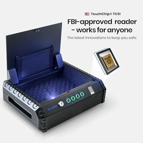FBI-approved fingerprint reader with open lid and badge image