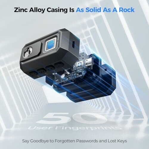 Fingerprint lock with zinc alloy casing and digital components.