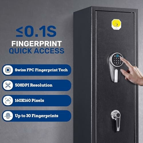 Fingerprint safe with quick access and tech specifications.