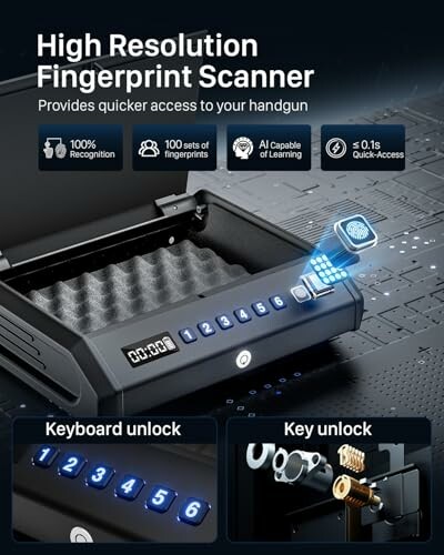 Fingerprint scanner handgun safe with keypad and key unlock options.