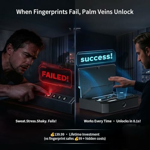 Comparison of fingerprint and palm vein security systems with success and failure outcomes.