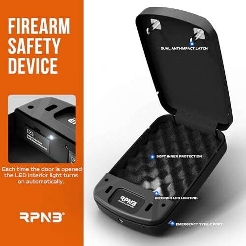 Open firearm safety device case with LED lighting and soft interior.