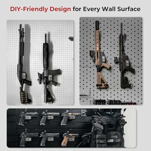 Firearms displayed on wall surfaces for DIY design