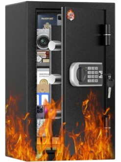 Open fireproof safe with documents, camera, and gadgets inside.