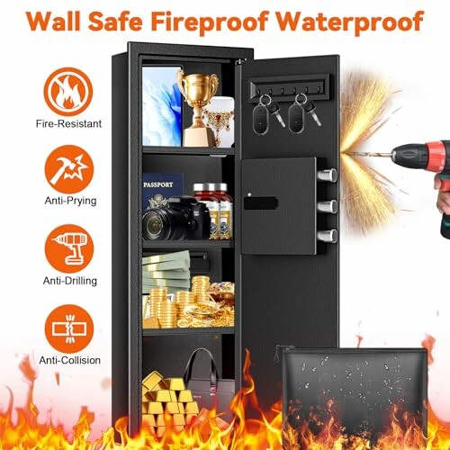 Fireproof waterproof wall safe with security features and valuables inside.
