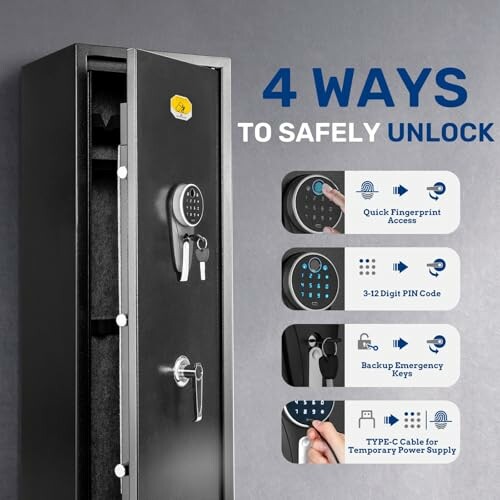 Gun safe with four unlocking methods: fingerprint, PIN code, emergency keys, and Type-C cable.