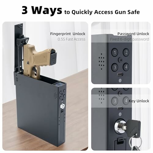 Secure gun safe with fingerprint, password, and key unlock features.