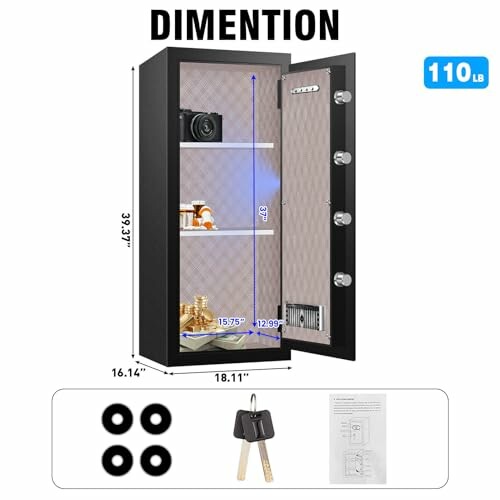 Gun safe cabinet with dimensions and accessories.