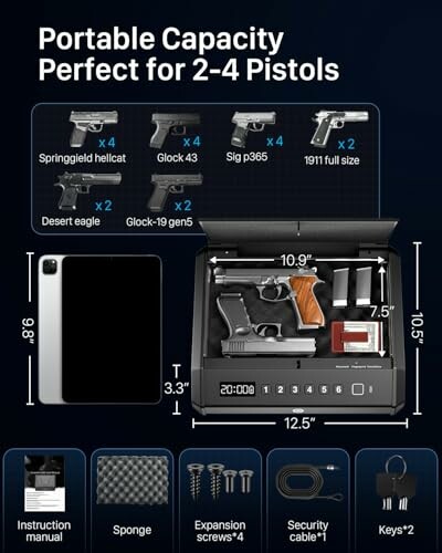 Gun safe showing capacity for 2-4 pistols with various gun models displayed.
