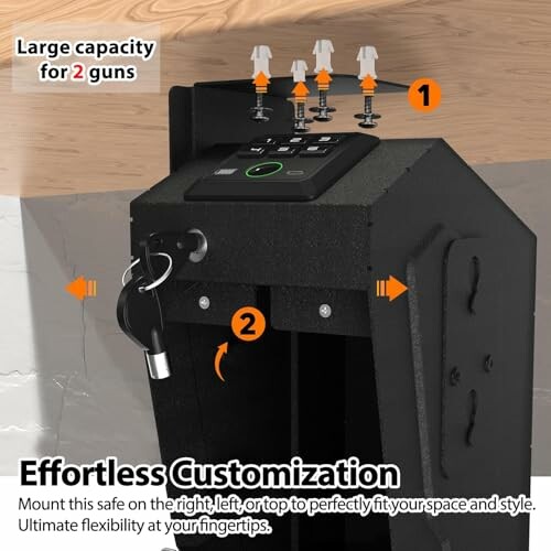 Gun safe with customization options for mounting and large capacity.