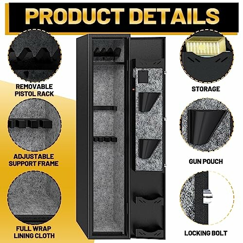 Gun safe details with pistol rack, storage, gun pouch, and locking bolt.