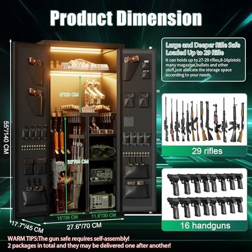 Gun safe dimensions showing storage for rifles and handguns.