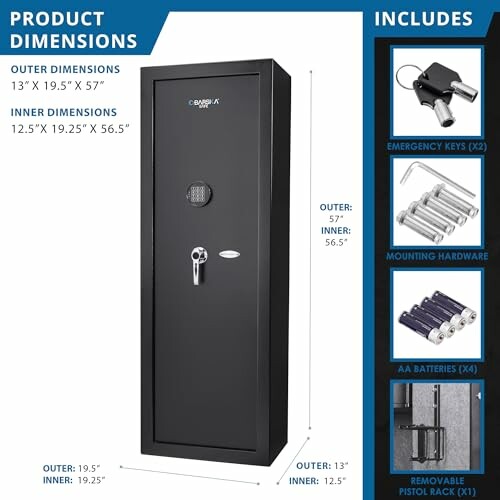 Gun safe with product dimensions and included accessories.