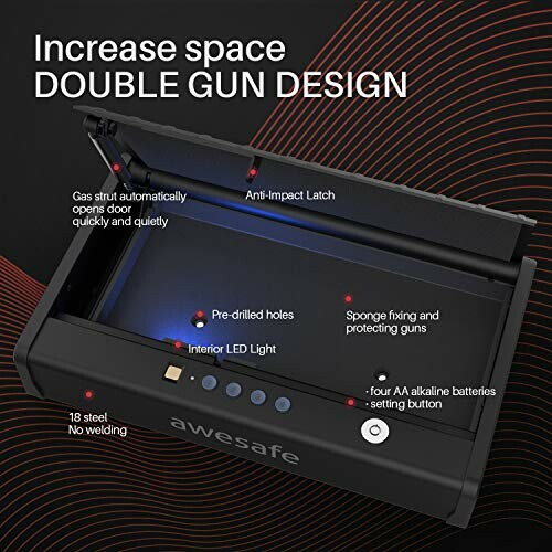 Double gun design safe with features like anti-impact latch, LED light, and pre-drilled holes.