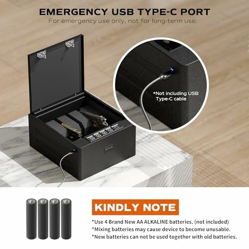 Gun safe with emergency USB Type-C port and battery instructions.