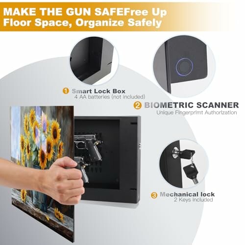 Gun safe with smart lock, biometric scanner, and mechanical lock.