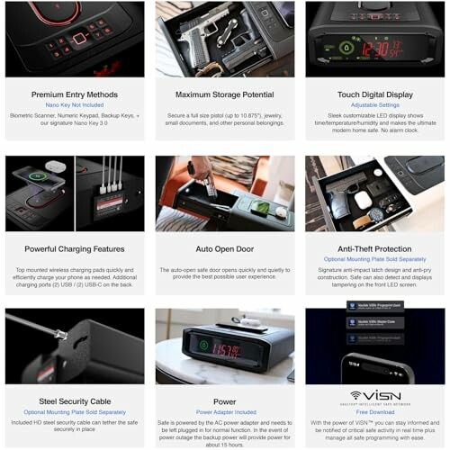 Image showcasing various features of a gun safe, including entry methods, storage, digital display, charging, door opening, theft protection, security cable, and power options.