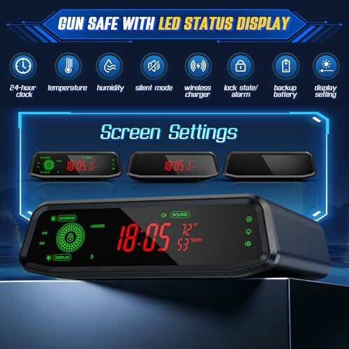 Gun safe with LED status display showing temperature, humidity, and clock.